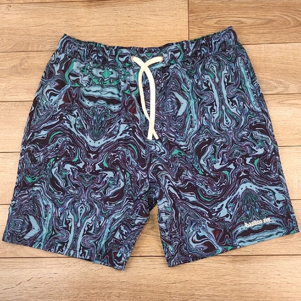 BAMBOO AVE Green Blue Paint‎ Splatter Sz Large Mens Athletic Workout Shorts